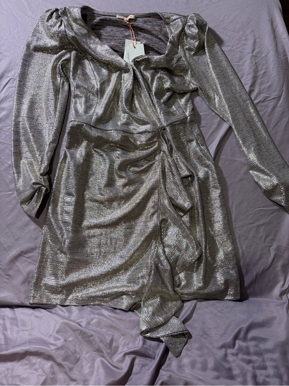 Skies Are Blue Metallic Silver Long-Sleeve Wrap Dress